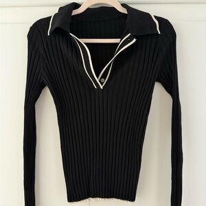 Commense Black V-Neck Sweater with Cream Trim